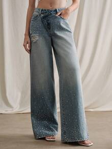 Anewsta Quần ống đứng đính đá thời trang nữ - Màu xanh lam - Xem 4