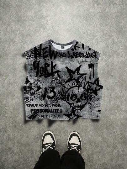 Manfinity ZONE917 加大码男士全印花无袖背心 男士街头骷髅印花数码印花短款背心