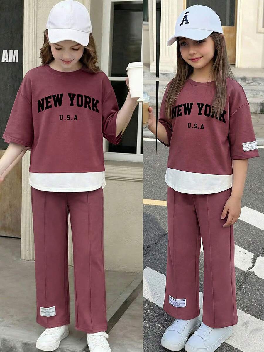 SHEIN Serisse Kids Tween Girls' Lavender Spring/Summer Knit Round Neck Loose Patchwork Print 7/8 Sleeve Wide Leg Pants Casual Black School Back-To-School 2 Pieces Set - Dusty Pink - View 1