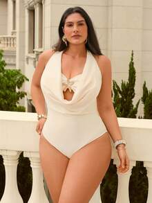 Swim Chiccia New Elegant Plus Size One-Piece Swimsuit, Draped Neck Design, Suitable For Summer Beach Vacation - White - View 5