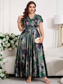 Reflora 大码女士优雅印花连衣裙，夏季婚礼宾客礼服 - 綠色 - 查看 7