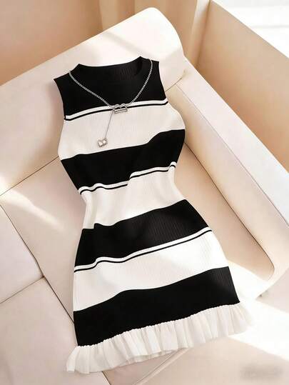 SHEIN Holidaya Summer Black & White Ribbed Navy Style Contrast Color Knit Dress, Fitted Ribbed Ruffle Hem Sleeveless Elastic Knit A-Line Dress, Office Commute Dress For Women