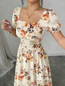 Elenzga Women's Floral Print Square Neck Puff Sleeve Ruched Waist Romantic Elegant Casual Commute Date Party Dress, Spring/Summer - Multicolor - View 3