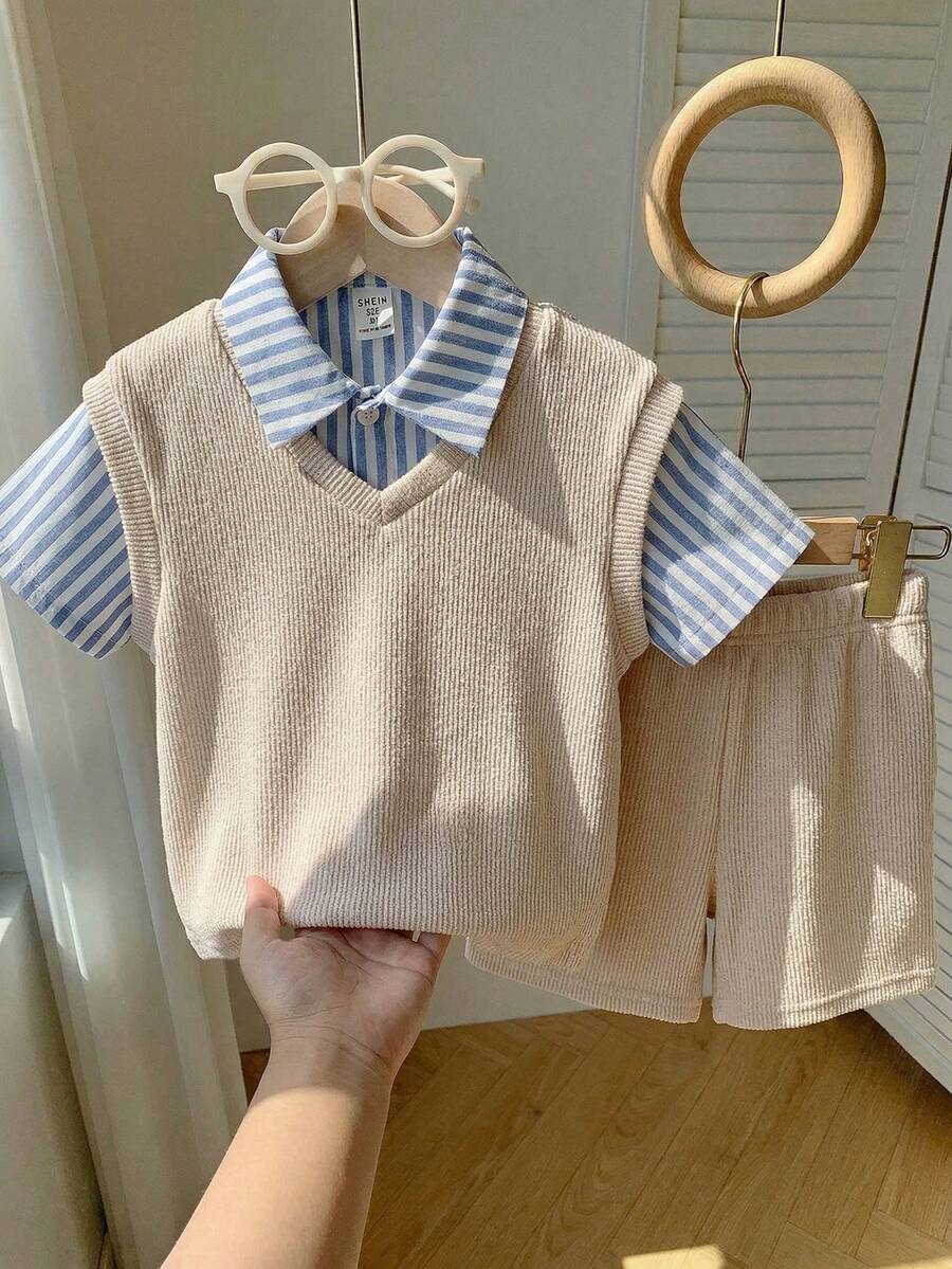 SHEIN 男童休闲校服三件套，包括背心、条纹衬衫和短裤，适合生日派对、晚宴、演出、婚礼、学校活动、洗礼、一周岁生日庆祝、迎婴派对等场合，春夏秋季皆宜。
