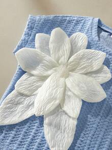 SHEIN 女童休闲圆领甜美手工3D立体花卉装饰时尚T恤，夏季 - 藍色 - 查看 8