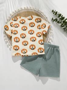 SHEIN Baby Boy Casual Cartoon Print T-Shirt And Shorts Set, Summer - Multicolor - View 2
