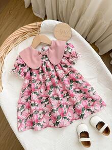 SHEIN Đầm mềm mại và dễ thương cho bé gái, đầm in hoa dáng rộng với nơ và tay phồng. - Đỏ - Xem 7