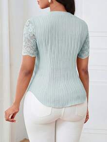 SHEIN Lunessa Women's Minimalist Single-Breasted Short Sleeve Shirt, Commuter Style - Baby Blue - View 2
