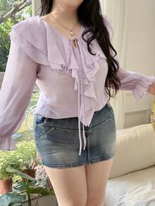CovetEZ Plus Size Chiffon Ditsy Floral Ruffle Trim Loose Sheer Blouse, Suitable For Spring/Summer Vacation - Purple - View 4