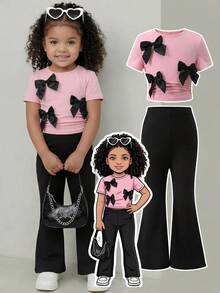 2pcs/Set Young Girl Cute Bow Decor Pink T-Shirt And Black Flared Pants Set Young Girl Outfit Sets Young Girl Outfits Sets Pants Tween Girls Clothing Bow Outfit Kid Girl Clothes Set Children Fashion Girlset Suitable For Daily Wear, Spring & Summer Outfits Suitable For Summer, Street Style, Casual Campus Sports, Outdoor Picnic, Street Photography, Home Girls Flared Pants Sets Young Girls Outfit Sets Girls 2 Piece Trouser Set - Pink - View 10