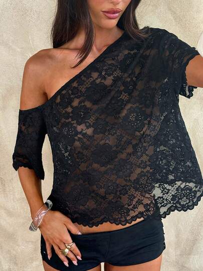 Opulessa Women's Solid Color Knit Lace Asymmetrical Shoulder Loose Blouse, Spring/Summer Bohemian Outfits, Ibiza Outfits, Western Style,Summer Holiday Outfits ,Holiday Outfits For Women,Holiday,Vacation Outfits For Women