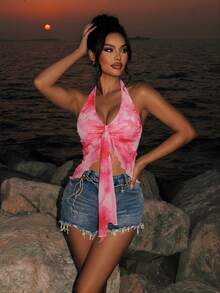 Sirith 女士浪漫度假随机印花露背上衣，春夏款 - 粉色 - 查看 1