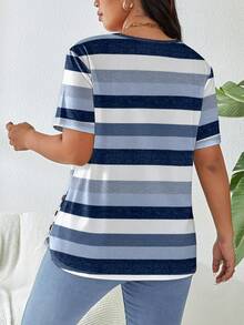SHEIN LUNE Áo thun nữ cỡ lớn kẻ sọc cổ tròn, kiểu dáng thường ngày, đa năng. - Nhiều màu - Xem 2
