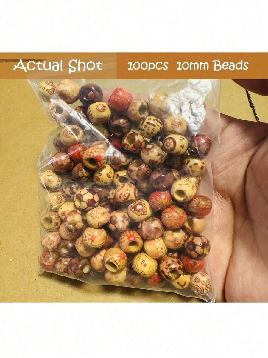 100Pcs Mixed Wooden Bead Pattern Wood Beads Macrame For Diy Crafts Jewelry Making, Suitable For Living Room, Bedroom And Dining Room - Multicolor - View 1
