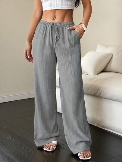 SHEIN PETITE Women's Solid Color Drawstring Waist Pocket Casual Versatile Daily Wear Wide Leg Pants