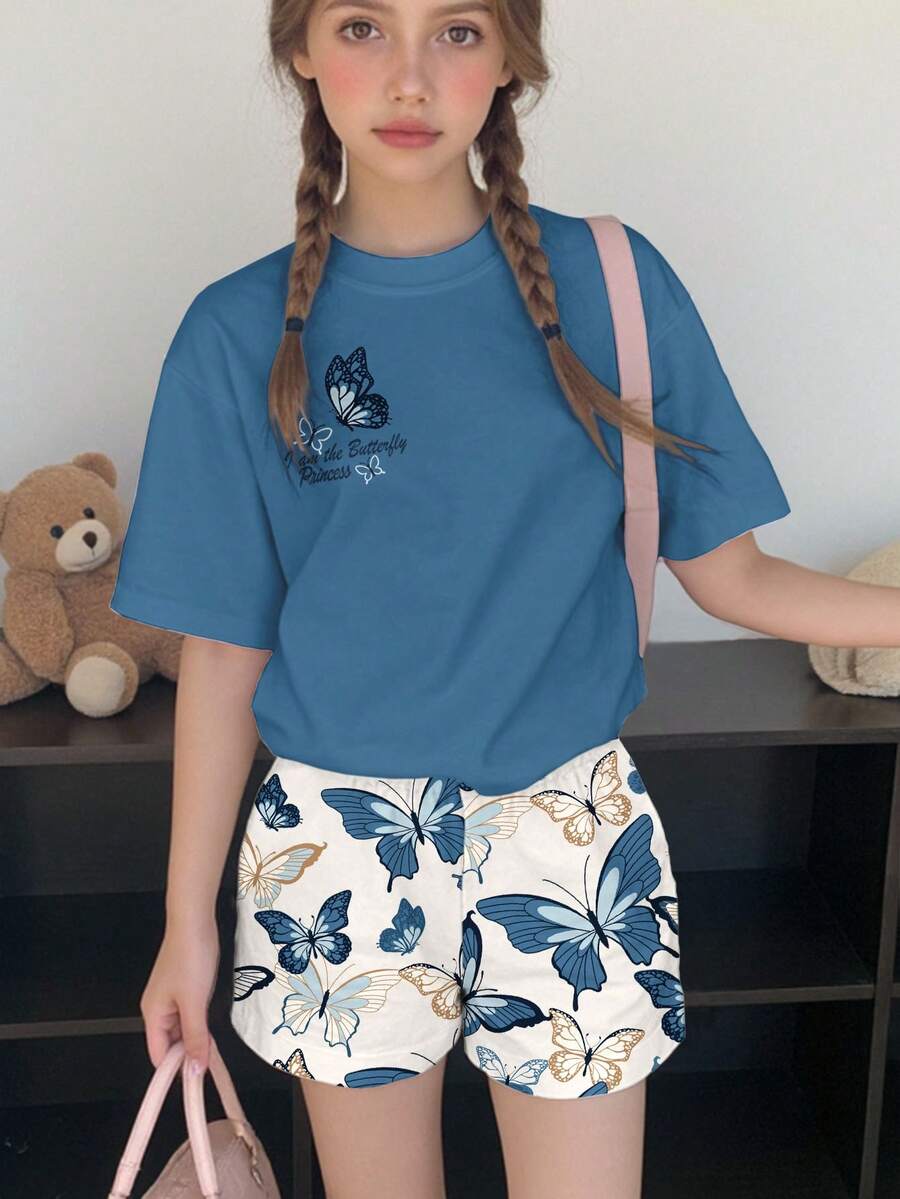 两件套少女休闲蝴蝶印花短袖上衣和短裤套装,适合夏季穿着 - 彩色 - 查看 1