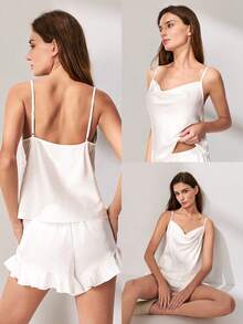 LUVLETTE 夏季优雅简约白色缎面睡衣套装 - 高领吊带背心和荷叶边短裤，时尚低调的家居服，婚礼必备单品 - 白色 - 查看 3