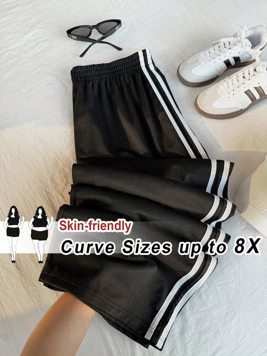 SHEIN CURVE+ 加大码侧条纹印花松紧腰宽松裤 - 黑色 - 查看 1