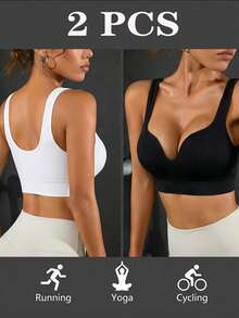 Velisys Velisys 2PCS Black And White Solid Color Thick Strap Wireless Seamless Sports Bra Pack,Summer Athleisure Gym Square Neck Built In Molded Cup Crop Tops - Multicolor - View 2