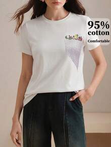 Anewsta Summer Casual Basic Floral Print T-Shirt With Rhinestone Decor Golf White - White - View 5