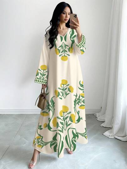 Al Najma Daisy Floral Print Women's Long Dress, V-Neck Long Sleeve Maxi Dress, Elegant Floral Pattern Light Apricot Dress, Spring/Summer