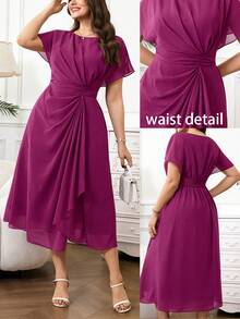 Reflora Plus Size Women's Elegant Purple Chiffon Midi Dress, Flowy Ruched Summer Wedding Party Outfits,High-Quality Spring Carnival Costume Clothes - Purple - View 2