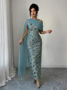 Elenzga 女士热销金色提花面料收腰长裙，搭配优雅雪纺披肩，适合春夏各种场合，如派对、约会、购物等。 - 藍色 - 查看 4