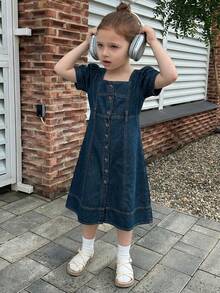 Hapijoa Tween Girls Square Neck Short Sleeve Denim Dress For Summer,Back To School Clothes - Blue - View 3
