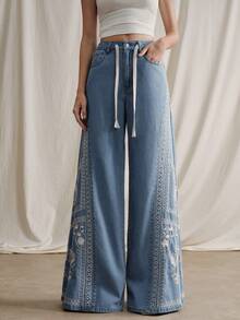 Anewsta Quần jeans ống rộng kiểu bohemian thêu họa tiết thanh lịch dành cho nữ, thích hợp cho các bữa tiệc, kỳ nghỉ, mùa xuân/hè. - Màu xanh lam - Xem 6