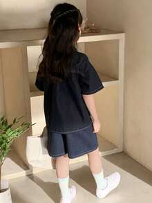 Hapijoa Young Girl Solid Color Regular Shoulder Short Sleeve Front Button Denim Suit, Summer Fashion - Navy Blue - View 2