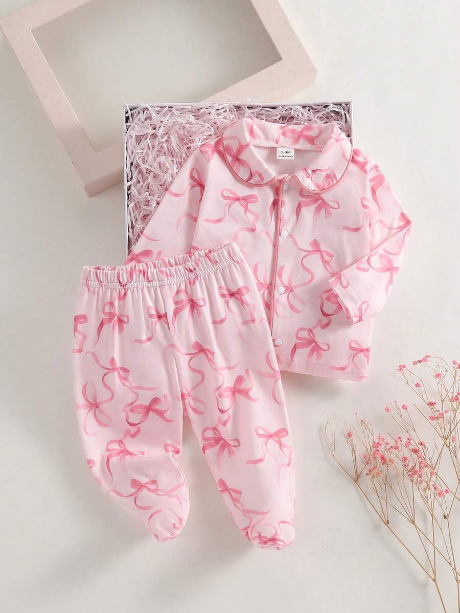 2件組女嬰幼兒翻領長袖連腳褲套裝,淺粉色蝴蝶結印花睡衣,秋冬款可愛柔軟嬰兒家居服 - 粉色 - 查看 1
