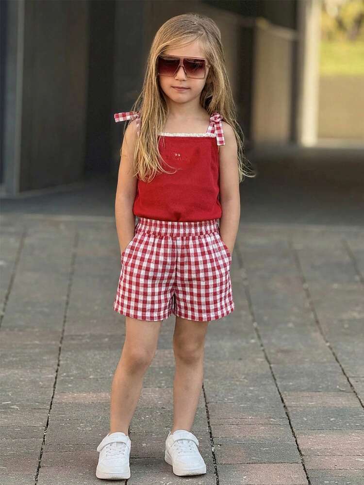 2pcs/Set Young Girl Plaid Strap Shorts,Girls Summer Outfits