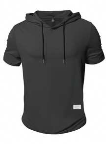 Manfinity Homme Plus Size Men's Letter Graphic Drawstring Hooded Short Sleeve T-Shirt - Dark Grey - View 3