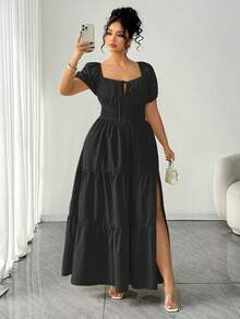 Elenzga Plus Size Women's Puff Sleeve Ruched Waist Flared Hem Split Hem Elegant Dress - Black - View 4