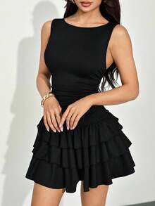 SHEIN PETITE 女士优雅纯色荷叶边黑色长袖连衣裙 - 黑色 - 查看 6