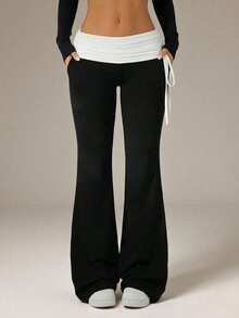 SHEIN PETITE 女士秋冬街头风复古侧抽绳Y2K喇叭裤，百搭黑白小码喇叭裤 - 黑色 - 查看 2