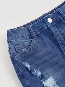 Girlism Tween Girl Y2K Spring Summer Break Washed Low Waist Ripped Raw Hem Denim Mini Shorts,Summer Boho Beach Concert Rave Festival Dailywear Spring To Summer Rave Festival And Streetwear - Medium Wash - View 3