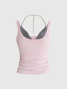 ROMWE Grunge Punk Top ajustado negro con decoración de remaches estilo PUNK, versátil para mujeres - Rosa - Ver 2