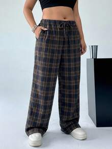 Muchica Plus Size Plaid Casual Everyday Pants - Brown - View 6