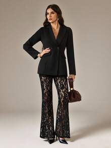 SHEIN Tall Women's Elegant Loose Double-Breasted Long Sleeve Blazer Jacket And Flared Lace Pants Set, Spring/Autumn Black Suit - Black - View 1