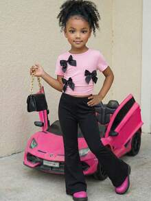2pcs/Set Young Girl Cute Bow Decor Pink T-Shirt And Black Flared Pants Set Young Girl Outfit Sets Young Girl Outfits Sets Pants Tween Girls Clothing Bow Outfit Kid Girl Clothes Set Children Fashion Girlset Suitable For Daily Wear, Spring & Summer Outfits Suitable For Summer, Street Style, Casual Campus Sports, Outdoor Picnic, Street Photography, Home Girls Flared Pants Sets Young Girls Outfit Sets Girls 2 Piece Trouser Set - Pink - View 11