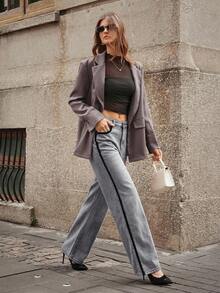 SHEIN LUNE Women's Loose Fit Straight Leg Casual Jeans With Pockets, Versatile - Grey - View 1
