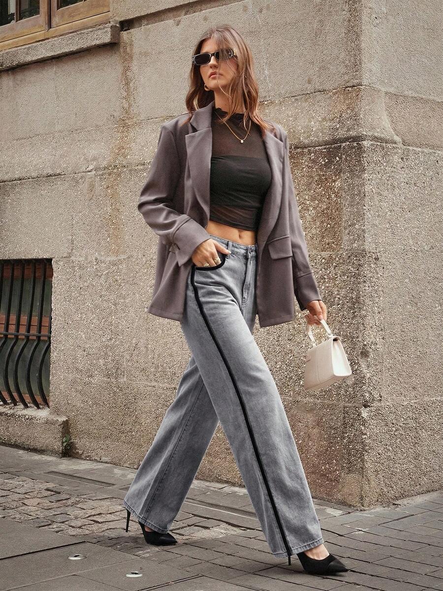 SHEIN LUNE Women's Loose Fit Straight Leg Casual Jeans With Pockets, Versatile - Grey - View 1