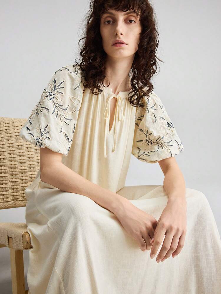 2026SS Women's Long Linen Blend Dress,Navy Blue Floral,Summer,Boho,Picnic,Holiday,Apricot & Beige,Loose Fit Waist Cinched,V-Neck,Elegant Resort Wear