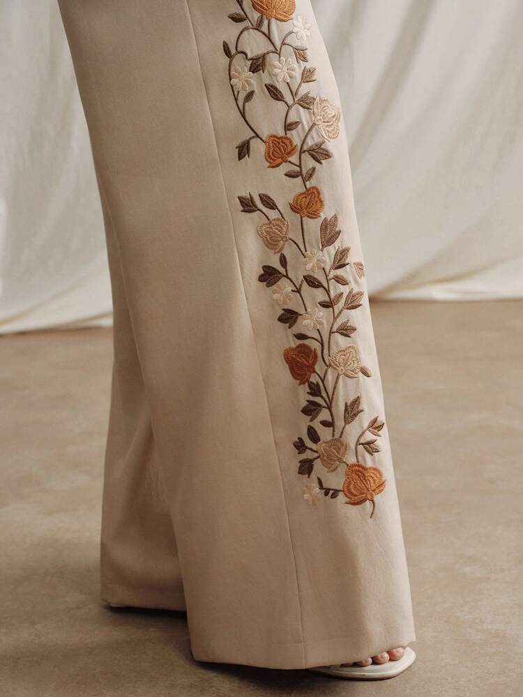 Women's Summer Vacation Heavily Embroidered Loose Wide-Leg Khaki Pants