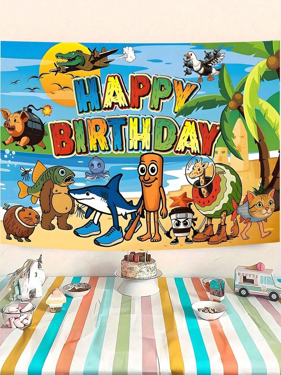 1套意大利主题生日派对装饰套装,包括“生日快乐”横幅、气球、纸杯蛋糕装饰和卡通动物主题背景横幅。 - 粉色 - 查看 1