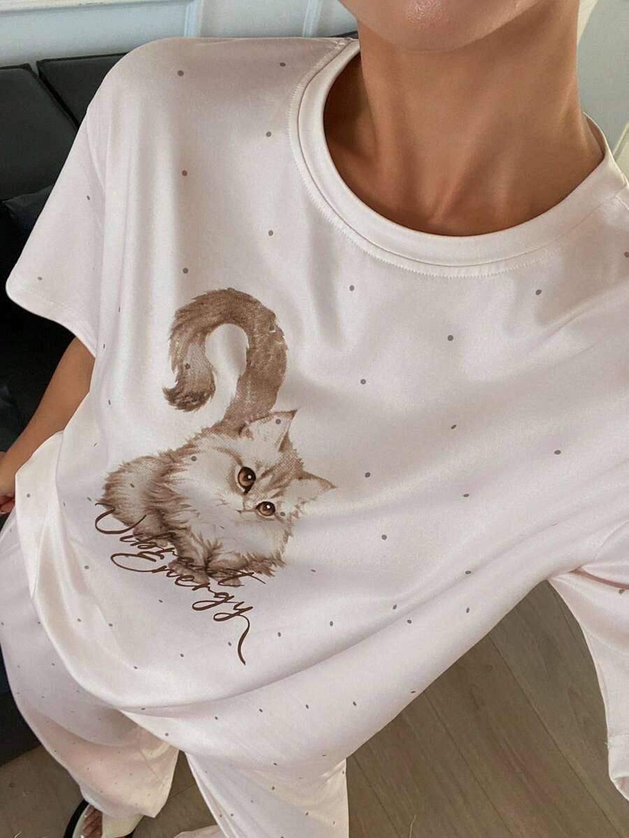 DAZY Bộ đồ ngủ nữ họa tiết chấm bi và mèo, thích hợp cho mùa hè. - Màu be - Xem 1