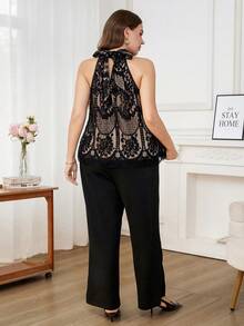 Ellevyn 大码优雅通勤蕾丝吊带上衣和裤子两件套，夏季 - 黑色 - 查看 14