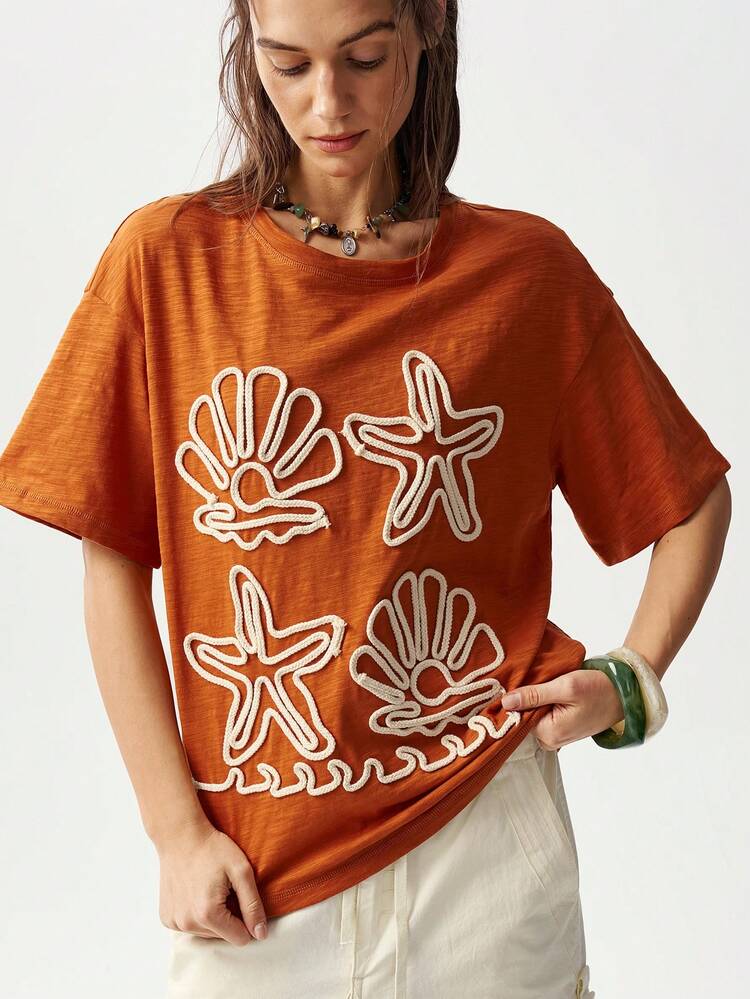 Bohemela Casual Solid Color Knit Round Neck Short Sleeve Loose T-Shirt For Women Rope Walking Ocean Marine Pattern,Summer Top T Shirts For Ladies For Summer - Rust Brown - View 2