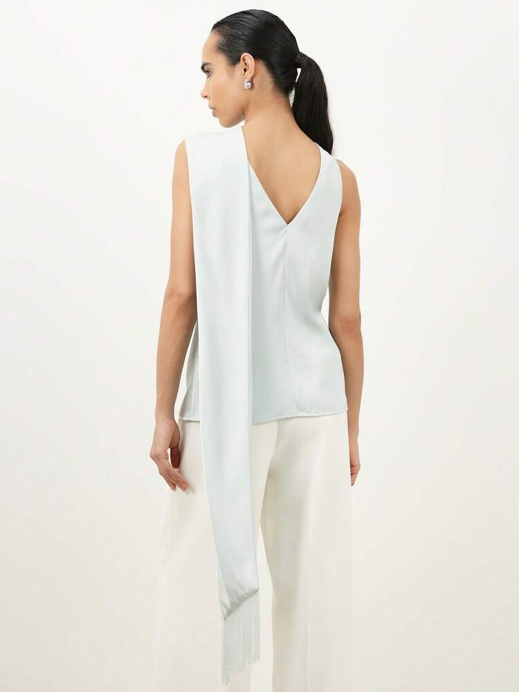 KSTM Women Sleeveless Asymmetrical Mock Neck Blouse With Scarf Detail Side Cutout Tank Top Casual Contemporary